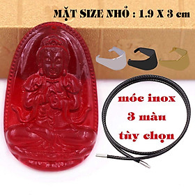Mặt Phật Đại nhật như lai pha lê đỏ 1.9cm x 3cm (size nhỏ) kèm vòng cổ dây cao su đen + móc inox vàng, Phật bản mệnh, mặt dây chuyền