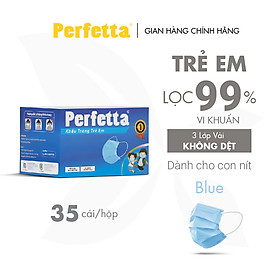 [1 Hộp - PERFETTA CHILDREN] - Khẩu Trang Y Tế Trẻ Em Chất Lượng Cao, Kháng Khuẩn, Chống Bụi Mịn, Màu Xanh, 3 Lớp, Bảo Vệ Tối Ưu, Đóng Gói Từng Cái - (35 cái/hộp)