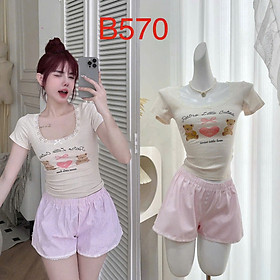 Bộ đồ ngủ B570 tay ngắn quần đùi áo cotton họa tiết gấu quần kate