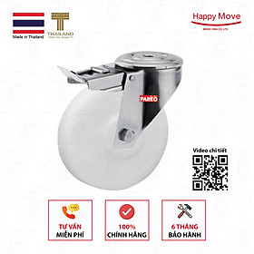 Bánh xe đẩy nylon trắng (PA) nanotech càng lỗ xoay có khóa Inox 304 - 80-100-125mm - Happy Move Thái Lan