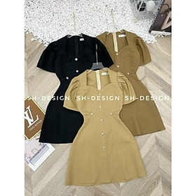 Váy kaki cổ vuông tay bồng cao cấp_Váy công sở thiết kế nữ