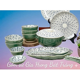 Bộ bát đĩa gốm sứ Bát Tràng cao cấp men lục bảo vẽ bèo dâu BDXĐ1