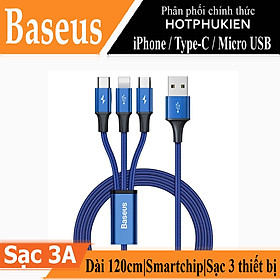 Dây cáp sạc nhanh 3A 3 in 1 USB-A to iPhone / Type-C / Micro USB hiệu Baseus Rapid Fast Charge Cable (dài 120CM, sạc cùng lúc 3 thiết bị, chip sạc thông minh, tốc độ truyền tải 480Mbps) - hàng nhập khẩu