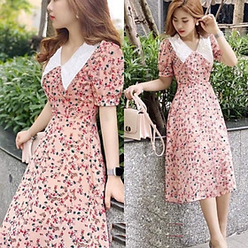 Váy đầm nữ dáng xòe họa tiết tay phồng cổ phối ren thiết kế thanh lịch trẻ trung nữ tính