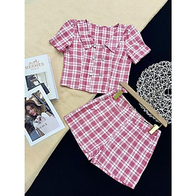 Set đồ bộ đi chơi nữ áo sơ mi croptop và quần short đùi caro chất vải mềm nhẹ thoáng mát