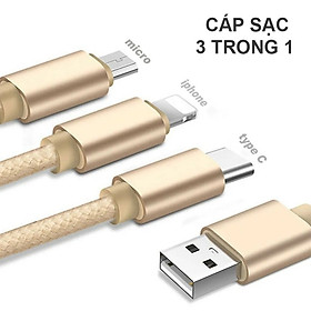 Dây cáp sạc điện thoại đa năng 3 trong 1 dài 1m đa chức năng Lightning, Micro USB, Type-C - Hàng Chính Hãng PKCB