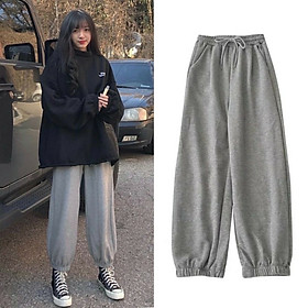 quần ống rộng dáng jogger nữ trơn bo gấu chất da cá