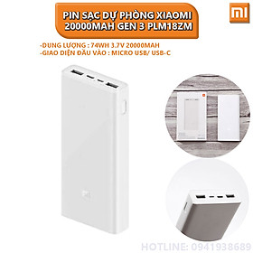 Pin sạc dự phòng Xiaomi 20000Mah gen 3 PLM18ZM - Hàng nhập khẩu