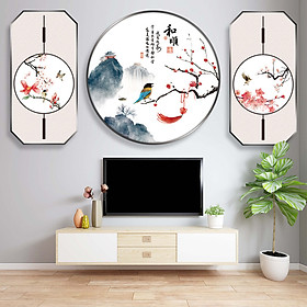 Decal Dán Tường Tranh Thủy Mặc Sông Núi, Hoa, Chim Trang Trí Nhà Cửa Sang Trọng