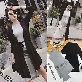 Sét đầm body xám sát nách phối áo khoác tay dài cột nơ eo Cao Cấp