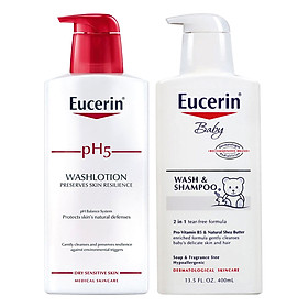 Bộ Sữa Tắm Cho Da Nhạy Cảm Eucerin pH5 Washlotion Có Mùi (400ml) Và Sữa Tắm Gội Cho Bé Eucerin Baby Wash & Shampoo (400ml)