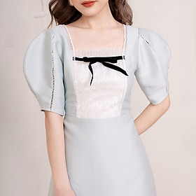 Đầm Thiết Kế Cổ Vuông Ren Ngực Đính Nơ Đen Tay Phồng Lỡ Đầm Tafta Phối Ren Màu Xanh Mint Bạc Hà Dài Ngang Gối V020 - Thanh Lịch Ngọt Ngào Hàng Thiết Kế Cao Cấp Chuẩn Chất Dự Tiệc Công Sở