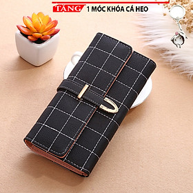 Ví nữ cầm tay dạo phố bảng dài nút gài kẻ ô P8 Tặng móc khóa cá heo