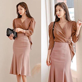 Set váy đuôi cá áo cổ V đắp chéo khoen cách điệu S.MLXL