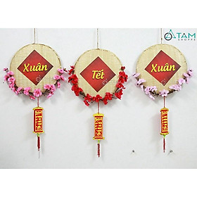 Vòng treo cửa Tết mẹt tre hoa đào các màu ĐK 30cm T-VTC-10