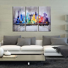 Modern Framed Canvas Wall Art Hand Painted Painting "Colorful City"—ARTLAND 60*30cm*3