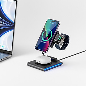 Dock sạc không dây Wiwu Geek 3 in 1 Wireless Charger Wi-W023 15W cho điện thoại, đồng hồ, tai nghe thiết kế di động và có thể gập lại, với ánh sáng xung quanh - Hàng chính hãng