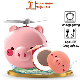 Quạt Mini Cầm TayQuạt Mini Hình Con Lợn Có Gương Đèn sạc USB Gương kèm quạt có đèn led kute