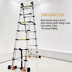 Thang nhôm rút chữ A Sumika SK 440D (2.2M+2.2M) - duỗi thẳng cao 4.4m, 8 đế cao su chống trượt, có bánh xe kéo, khóa chốt cao cấp, bậc thang thiết kế chống trượt, thanh giằng giữa 2 bên thang - Luôn Có Phụ Kiện Thay Thế