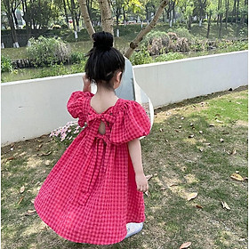 Đầm tay bồng kẻ caro màu hồng siêu yêu cho bé