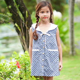 Đầm Bé Gái Caro Xám Lá Cổ Nút Ngực 2 Túi KIKA K042