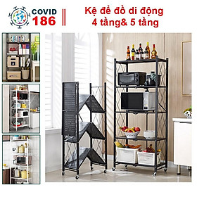 Kệ để đồ di động có bánh xe 4 tầng, 5 tầng để lò vi sóng có thể gấp gọn trang trí nhà cửa nhà bếp