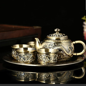 Bộ ấm chén bằng đồng cổ cao cấp, họa tiết long phụng cực kỳ phong cách