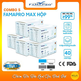 [HỘP - FAMAPRO MAX] - Khẩu trang y tế kháng khuẩn 4 lớp Famapro Max (40 cái/ hộp) - COMBO 5 HỘP - XÁM - MinKs