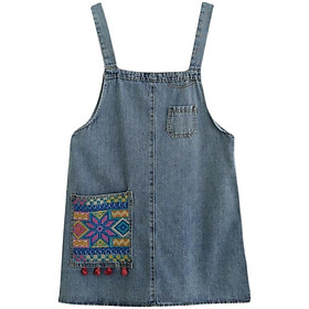 Đầm Yếm Vải Denim Thêu Hoa Văn Dân Tộc Cỡ Lớn Có Túi Dành Cho Nữ