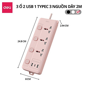 Mua  MẪU MỚI  Ổ Cắm Điện Deli Ổ ĐIện Đa Năng Chống Cháy Nổ 2500W Cổng Sạc USB/ TypeC Thông Minh Nhiều Màu Lựa Chọn