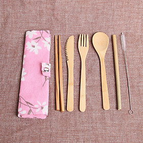 Mua Bộ Muỗng Đũa Nĩa Dao  Ống Hút Gỗ Tre Kèm Cọ Rửa và Túi