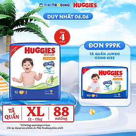 Tã/bỉm quần Huggies Skin Care Mega Jumbo XL84+4 miếng với tràm trà dịu da
