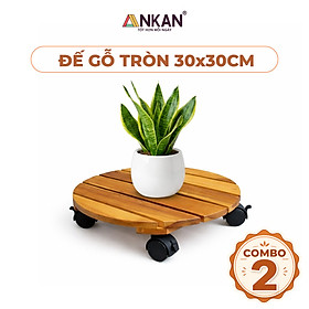 Combo 2 Đế Lót Chậu Cây Có Bánh Xe ANKAN 30cm Gỗ Tràm Mặt Tròn Màu Vàng, Chính Hãng