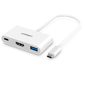 Cáp chuyển đổi USB-C Sang HDMI + USB 3.0 + USB-C hỗ trợ sạc Power Delivery (PD) Vỏ nhựa dài 15cm màu Trắng Ugreen TC30377US163 Hàng chính hãng.