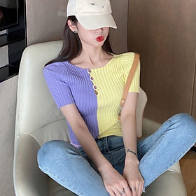 Women's Pullover Round Neck Colorblock Short Sleeve Knitted Summer Crop Top T-Shirt