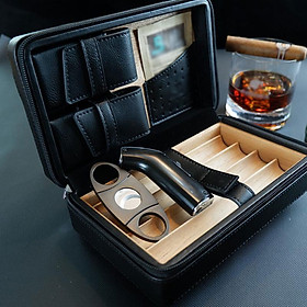 Hộp Đựng Cigar 4 Điếu Giữ Ẩm Cầm Tay Kèm Bật Lửa Và Dao Cắt XJ-T116