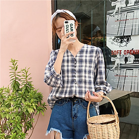 Áo sơ mi nữ đũi Việt Thiết kế kẻ caro trẻ trung DV68
