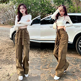 SET QUẦN DÀI TÚI HỘP ỐNG RỘNG LƯNG CAO + ÁO THUN CROPTOP BASIC CƠ BẢN TAY DÀI ÔM BODY ĐI CHƠI DẠO PHỐ ĐI BIỂN