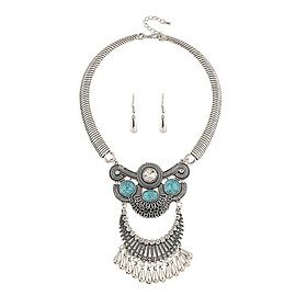 Antique  Turquoise Tassel Statement Necklace Bib Earring Jewelry Set