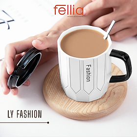 Ly sứ Fashion Life của Fellia cao cấp có nắp đậy tặng kèm muỗng phong cách sang trọng tao nhã _FEL10710