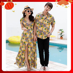 Set váy áo sơ mi đôi nam nữ Váy maxi xẻ tà đi biển họa tiết hoa lá màu vàng Sasin Couple 2020 AV44