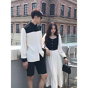 Áo đôi đẹp  Áo cặp nam nữ - Set váy đuôi cá áo sơ mi tay dài cặp Hàn Quốc phối trắng đen AV90 (có ảnh thật)
