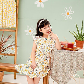Váy đầm bé gái 1 lớp hoa vàng ren bèo tam giác hè thu xinh mát hàng thiết kế MamLa