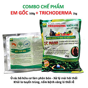 Combo 1 gói Chế phẩm EM gốc và 1kg Nấm đối kháng Trichoderma TRIBAC. Ủ phân cá, rác bã hữu cơ hoai mục nhanh không mùi hôi. Ngăn chặn nấm bệnh gây thối rễ vàng lá