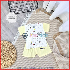 Bộ quần áo sơ sinh cộc tay cài cúc lệch HI! MOM chất petit thun lạnh hoạ tiết I love Dad/Mom/Family phối tay, quần màu