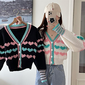 Áo khoác len nữ Cardigan dệt kim CÀI NÚT tay dài phối TRÁI TIM xinh xắn