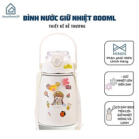 Bình Nước Giữ Nhiệt Cute 800ml Chất Liệu Inox 304 Giữ Nhiệt Không Gỉ Nóng Lạnh 24 Giờ Kèm Ống Hút Và Sticker - Hàng Loại 1 - Chính Hãng MINIIN