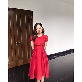 Đầm tay phồng đính nút