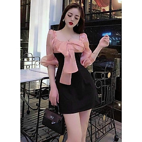 Đầm bánh bèo tay phồng cổ vuông️, mẫu đầm cổ vuông tay bồng nữ tính nơ to,chân váy chữ A điệu đà-L022