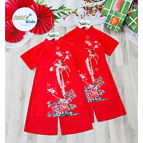 Bộ áo dài tết cho bé gái mẫu Hoa mùa xuân xinh xắn từ 12-45kg hàng thiết kế cao cấp
